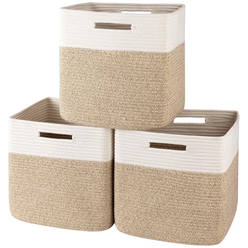 OIAHOMY 13 Kallax Inch Cube Storage Bins, 3-Pack Cotton Rope Woven Baskets for Organizing, Kallax Insert Storage Baskets for Shelves, Baby Nursery, Closet Organizer, 13*13*12.6IN, Brown & White