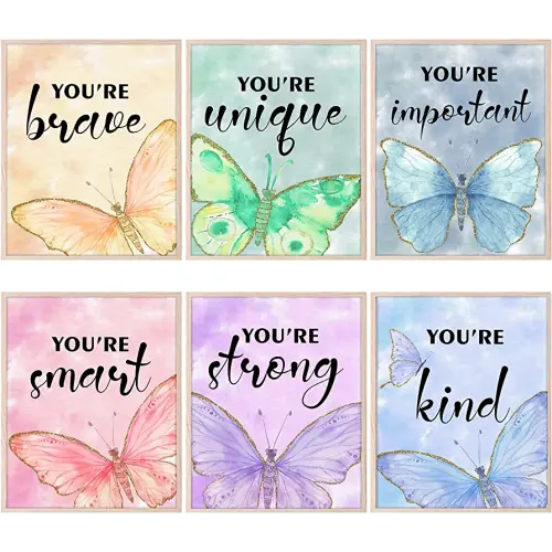 HOMANGA Wall Art Posters, Butterfly Wall Decor for Girls Room, 8X10 Inch, Unframed, Set of 6