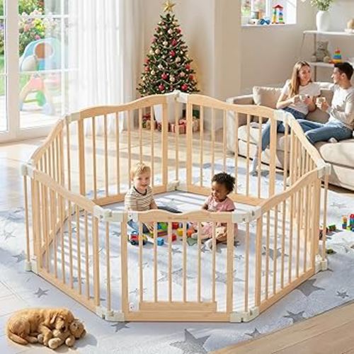 Foldable Wooden Playpen - Adjustable Wood Baby Play Yard with Child-Proof Lock, Indoor Large Safety Fence for Babies and Toddlers - Easy Assembly, 52 x 52 x 24 inches, Nature Nest
