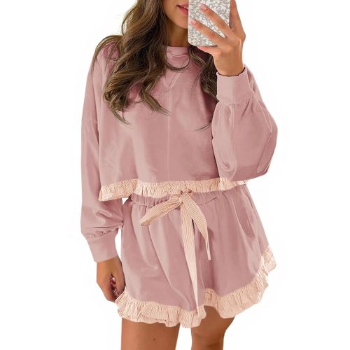Fisoew Women's 2 Piece Lounge Sets Color Block Ruffle Cropped Sweatshirts Loose Drawstring Waist Shorts Sweatsuits
