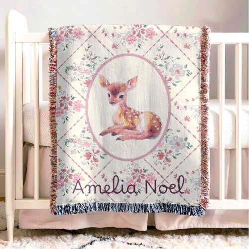 Personalized Baby Name Blanket Girls Deer Nursery Decorations Fawn Customized Name Blanket Baby Shower Gift Custom Newborn Keepsake Gift
