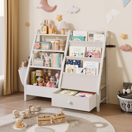 Ollieroo Kids Bookshelf and Toy Storage, Kids Bookcase Sling Shelf, Montessori Baby Toddler Bookshelf for Kids, Kids Bookcase, Toy Storage Organizer, for Playroom, Bedroom, Nursery,White