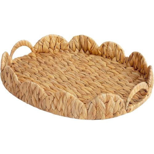 StorageWorks Elliptical Wicker Scalloped Tray, Rattan Serving Trays with Handles, Water Hyacinth Basket for Decorative & Organizing, 13" L x 15.5" W x 16.55" H