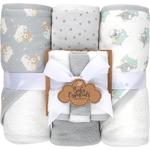 Baby Bath Essential Hooded Baby Bath Towel and Washcloth 6 Piece Set for Newborns, Infants & Toddlers, Boys & Girls Baby Hooded Towels Set (Teddy Bear Print)