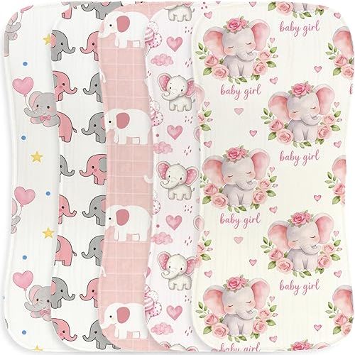 5pcs Elephant Burp Cloths for Baby Boys Girls Parent,100% Cotton Pink Elephant Themed Design Burp Rags, Muslin Burping Cloths Absorbent Spit-Up Cloths for Infant Newborns