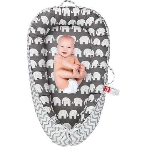 Baby Lounger for Newborn Cover,Removable Slipcover Infant Nest-Breathable & Portable Adjustable Cotton Soft Baby Floor Seat - for TravelNewborn Essentials (White Elephant)