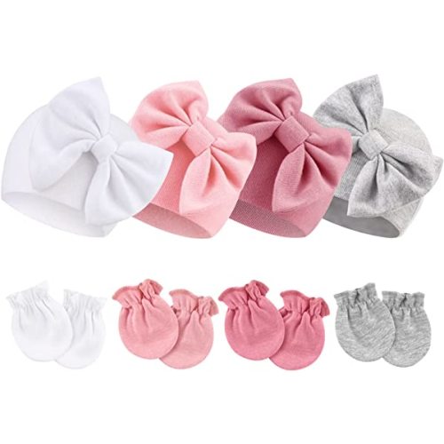 Newborn Baby Bow Hats and Mittens Hospital Hat Beanie Infant Caps Baby Cotton No Scratch Mittens Set for 0-6 Months