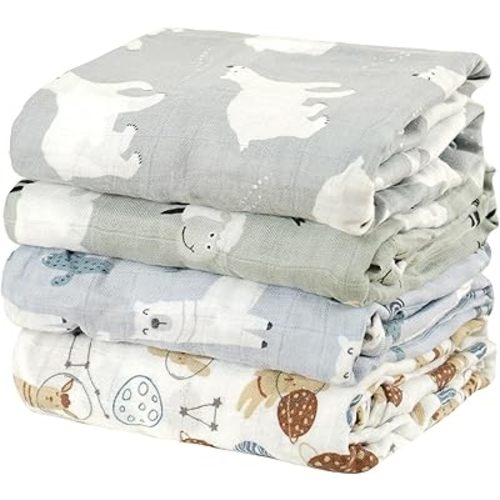 4 Set Muslin Swaddle Blankets for Newborn Baby Boys, Girls,Receiving Blankets-Cute Soft Print Baby Towel Wrap 120x110cm Baby (Animal)