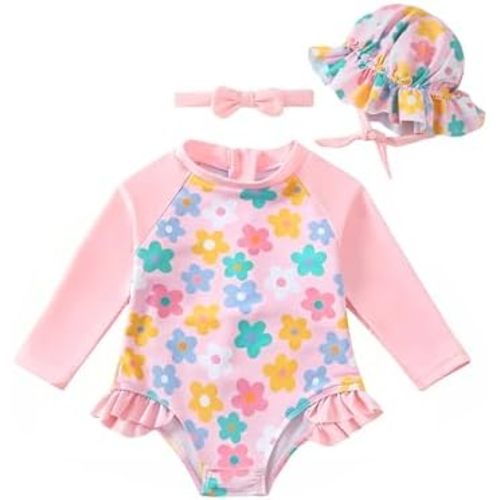 Renotemy Baby Girls Swimsuit Summer Infant Girl Bathing Suit Zipper Long Sleeve One-Piece Rash Guard Swimwear with Hat 3M-3Y