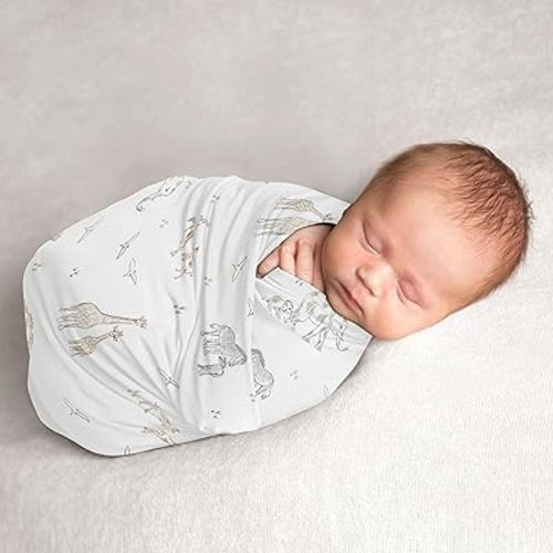 Sweet Jojo Designs Jungle Safari Animals Boy Girl Gender Neutral Unisex Baby Swaddle Blanket Infant Newborn Lightweight Jersey Stretchy Receiving Security Stroller Cover Tan Elephant Giraffe Serengeti