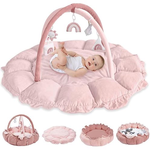 5-in-1 Convertible Baby Play Gym with 6 Toys, Tummy Time Mat for Sensory Development, Baby Activity Center from Newborn to Toddler, Ball Pit, Cat & Dog Bed, Soft Plush Pet Bed, Pink