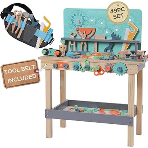 Wooden Toddler Workbench - 49 Piece Toddler Tool Set - Kids Tool Belt Included - Wooden Montessori Kids Tool Bench - Toddler Tool Bench - Toddler toys for ages 2-4