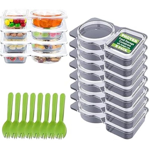 8 Sets Double Compartment Condiment Container with Lids, Mini Plastic Snack Containers with Spoons, BPA Free | Microwave Safe | Leakproof Food Storage, To Go Food Containers, Take Out Sauce Container