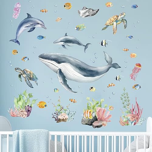 Under The Sea Wall Decals - Marine Theme Shark Whale Fish Seaweed Grass Ocean Wall Stickers - Bathroom Baby Nursery Kids Bedroom Daycare Wall Decor