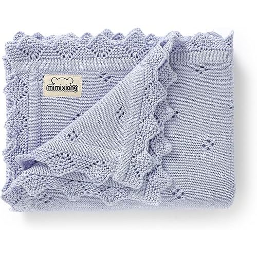 mimixiong Cotton Baby Blanket Knitted Crochet Receiving Crib Nursery Swaddling Blankets for Newborn Baby Boy Girl Smoke Blue 30x40 Inch