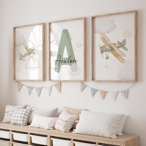 Set of 3 Airplane Nursery Wall Art Prints, Boys Adventure Nursery Decor, Little Explorers Travel Theme, Green Nursery Digital Download