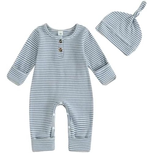 Newborn Baby Boy Romper Striped Long Sleeve Jumpsuit with Hat Infant Fall Winter Clothes Coming Home Outfit