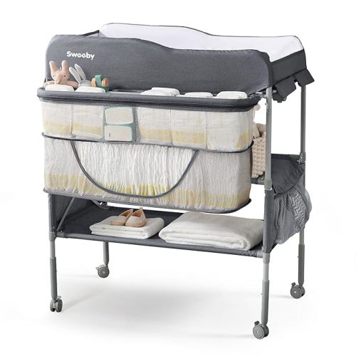Portable Baby Changing Table, Foldable Changing Table Dresser Changing Station for Infant, Waterproof Diaper Changing Table Pad Topper, Mobile Nursery Organizer for Newborn Essentials,Darkgrey