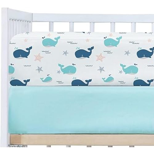 lumono Crib Sheets 2 Pack, Baby Crib Sheet for Standard Crib & Toddler Mattress, Super Soft Breathable Crib Sheets Fitted Neutral for Baby Boys and Girls,Whale/Aqua