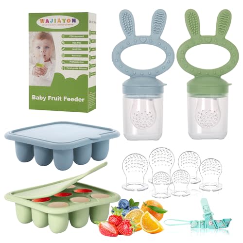 WAJIAYON Easter Bunny Baby Breastmilk Popsicle Molds & Baby Fruit Feeder,Infant Food Freezer Tray Storage Containers, Silicone Teething Pacifier Feeder and Teether for Babies,Moss and Fawn