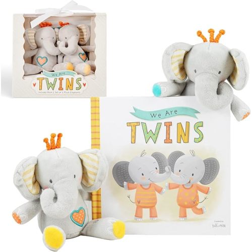 Tickle & Main We are Twins, Baby and Toddler Twin Gift Set, Keepsake Book and Set of 2 Plush Elephant Rattles for Boys and Girls