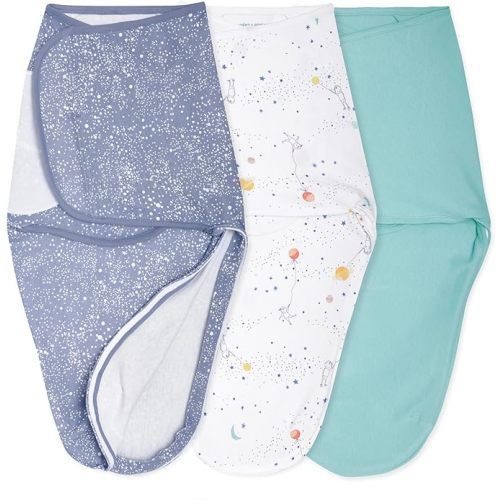 aden + anais Essentials Easy Swaddle Wrap Quick Change with Bottom Zipper, Snug Cotton Knit Baby Wrap Swaddle Blanket for Newborns, TOG 1.0, 3-Pack, Stargaze, 0-3 Months, Small/Medium