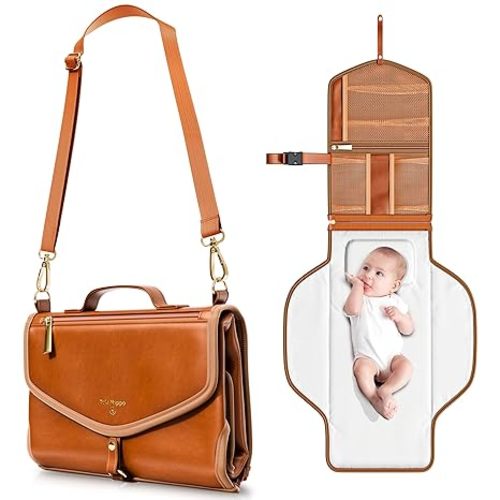 Portable Changing Pad with Shoulder Strap, Vegan Leather Diaper Changing Pad with Head Pillow, Detachable Travel Changing Pad for Baby Shower Gifts (Brown)