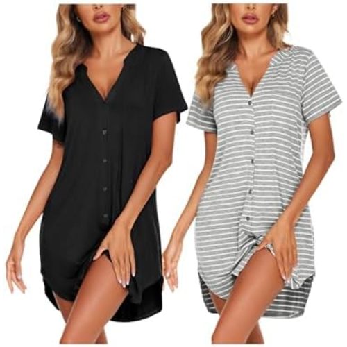 Ekouaer 2 Pcak Nightgowns for Women Button Down Sleep Shirts V Neck Night Shirts Night Gowns