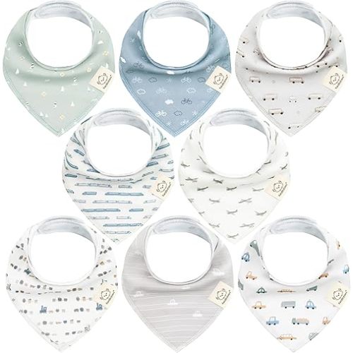 8-Pack Organic Baby Bandana Bibs for Boys, Girls - Super Absorbent Triangle Baby Bibs for Drooling and Teething Infant, 100% Cotton Extra Soft for Newborn,Infant 0-36 Months(Vessels)