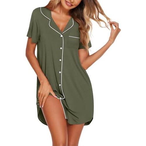 Ekouaer Womens Nightgown Button Down Night Gowns Short Sleeve Sleepshirt V Neck Nightshirt Soft Sleepwear S-XXL