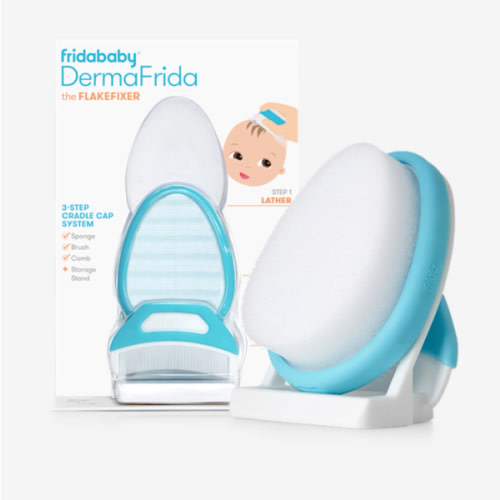 Frida Baby The 3-Step Cradle Cap System, DermaFrida The FlakeFixer, Sponge, Brush, Comb and Storage Stand for Babies with Cradle Cap, White-Blue