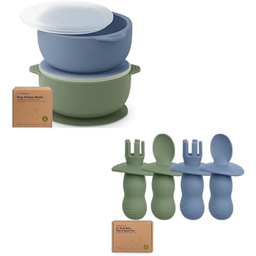 KeaBabies 2-Pack Baby Bowls with Suctions, Lids and 2-Set Silicone Baby Spoons and Forks Set - Silicone Suction Bowls for Baby Boy, Girl, Baby Spoon Self Feeding, BLW Baby Utensils