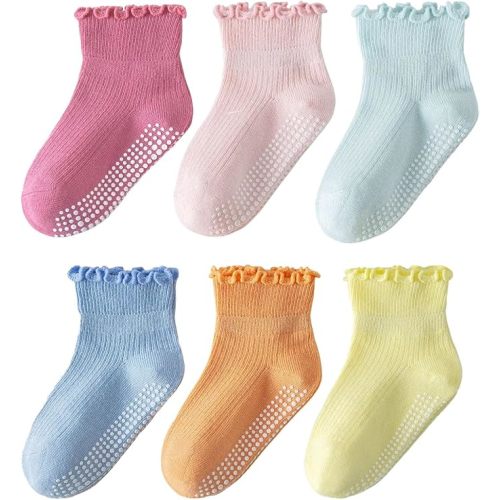 ANYANIME 6 Pairs Toddler Ruffle Socks for Girls Baby Grip Socks Non Slip Socks Cute Grippy Frilly