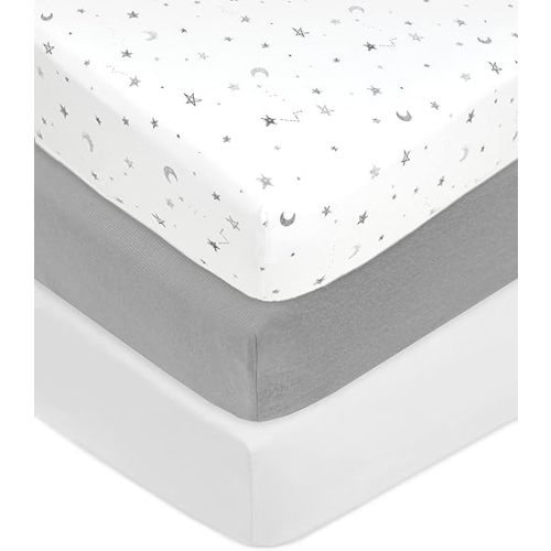 American Baby Company 3 Pack Fitted Crib Sheets 28" x 52", Soft Breathable Neutral 100% Cotton Jersey Sheet, Gray Stars/Gray/White, for Boys and Girls, Fits Crib and Toddler Bed mattresses