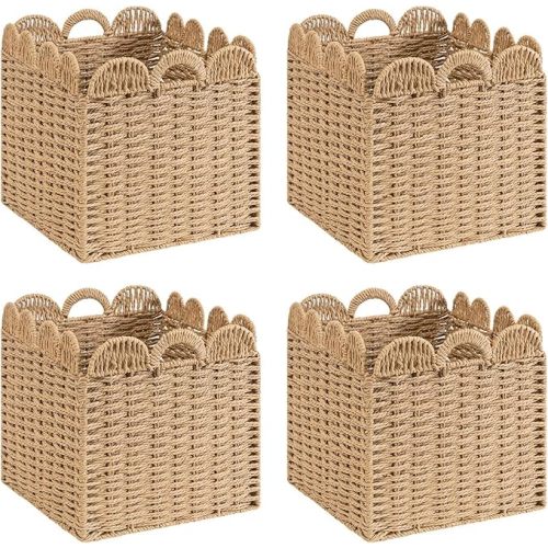 Set of 4 Scalloped Wicker Storage Cubes Basket,10.5"x10.5"x10.5" Heavy Duty Paper rope Baskets for Shelves,Bathroom, Bedroom, Laundry, Pantry
