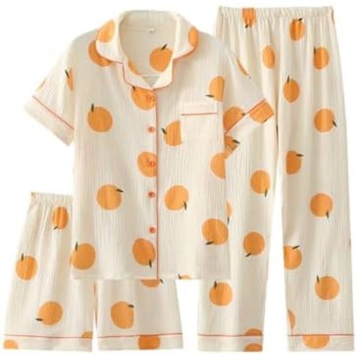 Womens 3pcs Cotton Pajamas Set Short Sleeve Sleepwear Fruit Print Cute Pj Set with Long Pants