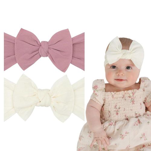 Baby Bling Bows - Newborn to Little Baby Girl Bows, 2 Pack Nylon Super Soft Stretchy Knot Toddler Headbands, Perfect Hair Accessories Head Bands for Infant Kids (Mauve & Ivory)