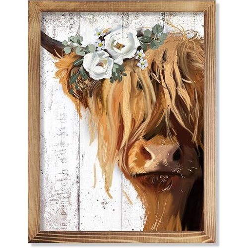 Highland Cow Farmhouse Wall Decor Picture Frame Painting Rustic Art Print for Home Living Bathroom Decoration