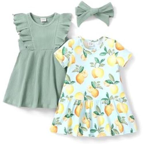 PATPAT Baby Toddler Girl Dresses Infant Ruffle & Short Sleeveless 2 Pack Summer Dress Casual Party Dress
