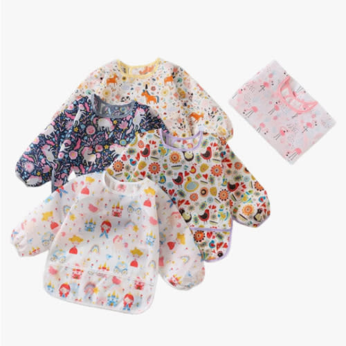 5pcs Set Long Sleeve Waterproof Bib Full Coverage Apron Bib Smock Toddler Bibs with Pocket 6-30 Months