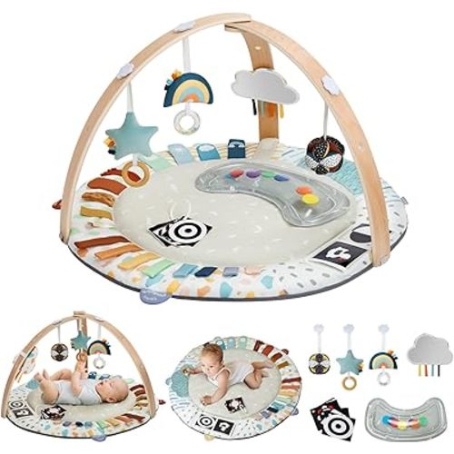 Blissful Diary Baby Play Gym, 5 Developmental Zones Wooden Tummy Time Activity Mat w 6 Detachable Sensory Toys for Motor Skills & Sensory Development, Newborn Essentials Baby Must Have