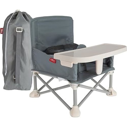 Nuby Easy Go Pop-Up Booster Seat with Removable Tray - 6+ Months - Portable Booster Seat for Floor for Indoor/Outdoor Use - 3-Point Safety Adjustable Straps - Includes Travel Bag - Gray