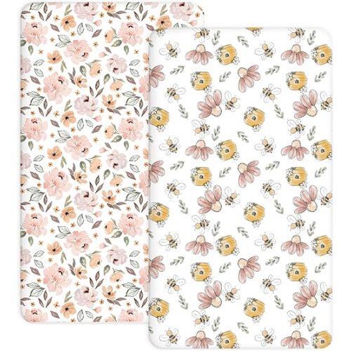 Pack and Play Sheets 2 Pack, Fitted Jersey Knit Mini Crib Sheets for Baby Boys and Girls, Compatible with Graco Pack N Play and Mini Crib Mattress (Pank N Play/Mini Crib Sheets, Blossom & Buzz)
