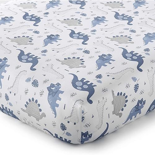 Levtex Baby - Kipton Set Crib Fitted Sheet - Fits Standard Crib and Toddler Mattress - Tossed Dinosaurs and Leaves - Blue, Grey and White - Nursery Accessories - 100% Cotton