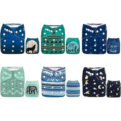 ALVABABY Baby Cloth Diapers 6 Pack with 12 Inserts One Size Adjustable Washable Reusable for Baby Boys 6DM44-DA