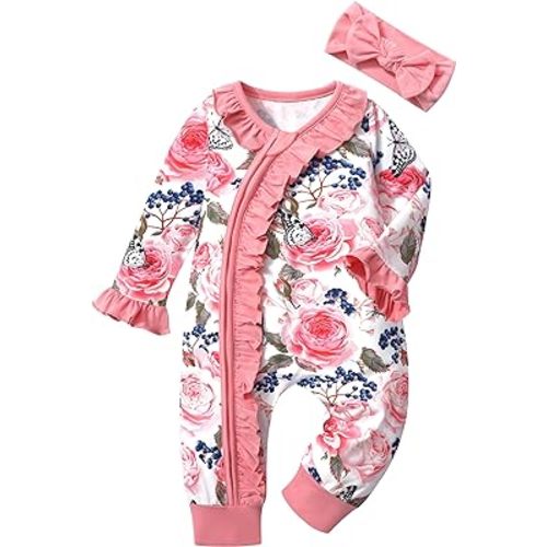 Infant Newborn Baby Girl Clothes Onesies for Baby Girl Long Sleeve Ruffle Baby Clothes with Headband Baby Clothes for Girls