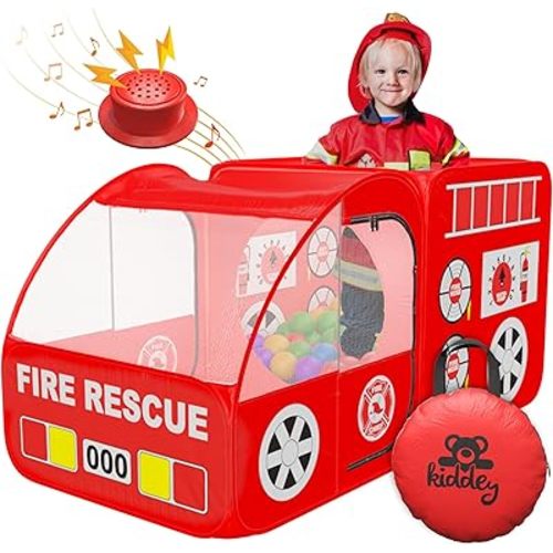 Kiddey Fire Truck Play Tent for Kids - Firetruck Tents with Sirens and Fireman Sound Button for Girls, Boys, & Toddlers Gifts - Red Fire Engine Pop Up Playhouse for Toddler - Indoor & Outdoor