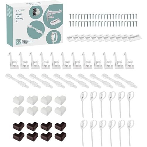 Inaya Complete 50pc Deluxe Baby Proofing Kit - Flexible Hidden Baby Locks for Cabinets and Drawers, Adjustable Child Safety Latches, Corner Guards & Furniture Anchors