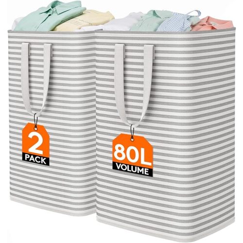 Lifewit 2 Pack Laundry Basket 80L Each, Collapsible Clothes Hamper with Reinforced Handles, Freestanding Waterproof Design for Bedroom and Laundry Room, Grey 160L Total