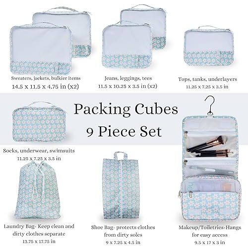 9 Set Packing Cubes - Suitcase Organizer, Cute Packing Cubes, Travel Bags Organizer for Luggage with Hanging Toiletry and Shoe Bag, Travel Essentials for Women, Men and Kids -Blue Flower